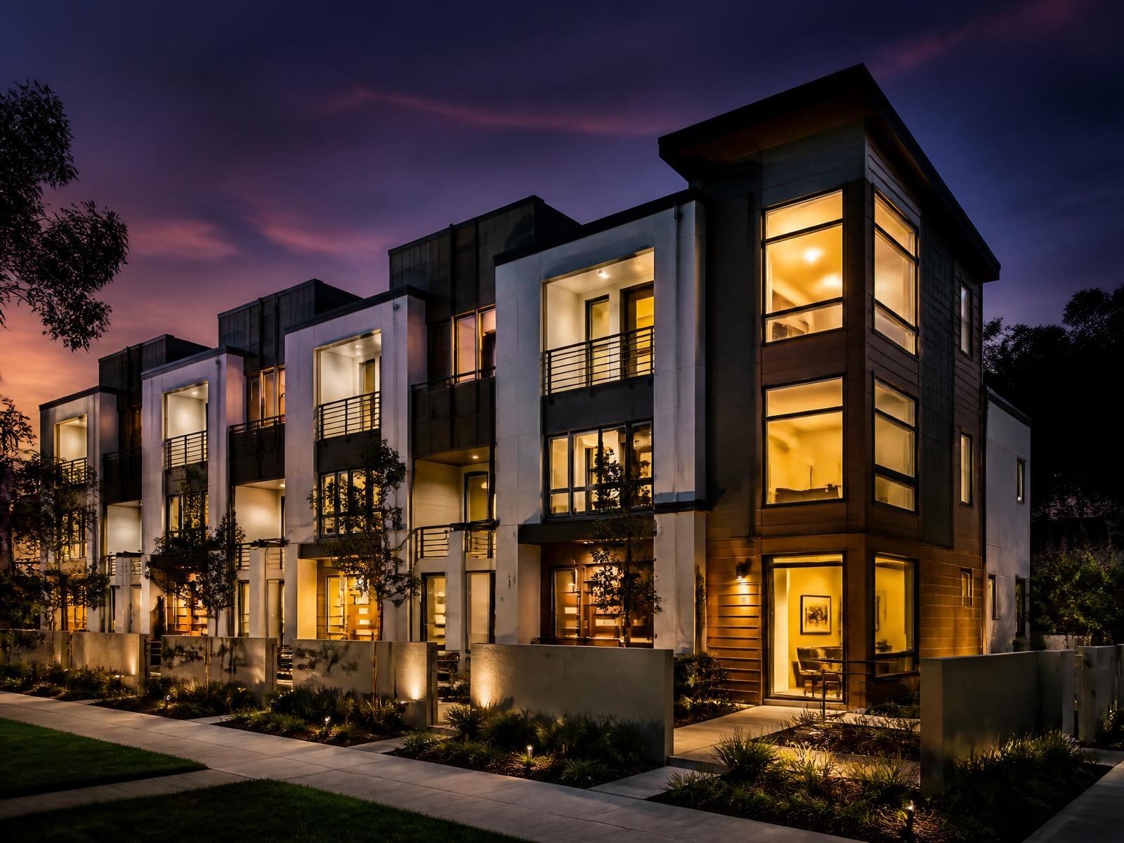Newly built multifamily homes lit warmly at dusk